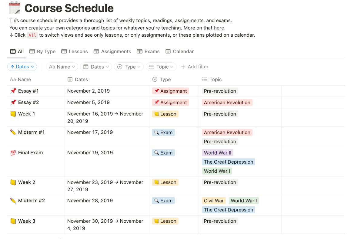 Work calendar templates 7 Course schedule