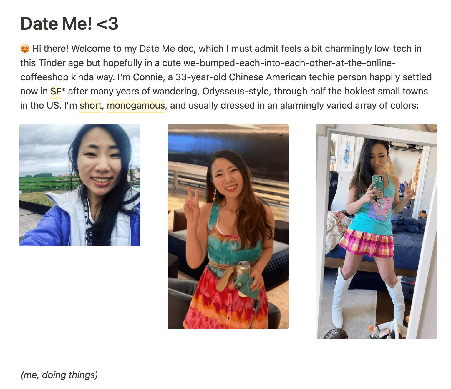 A glimpse of how Connie's used her date-me doc to describe her vibrant personality.