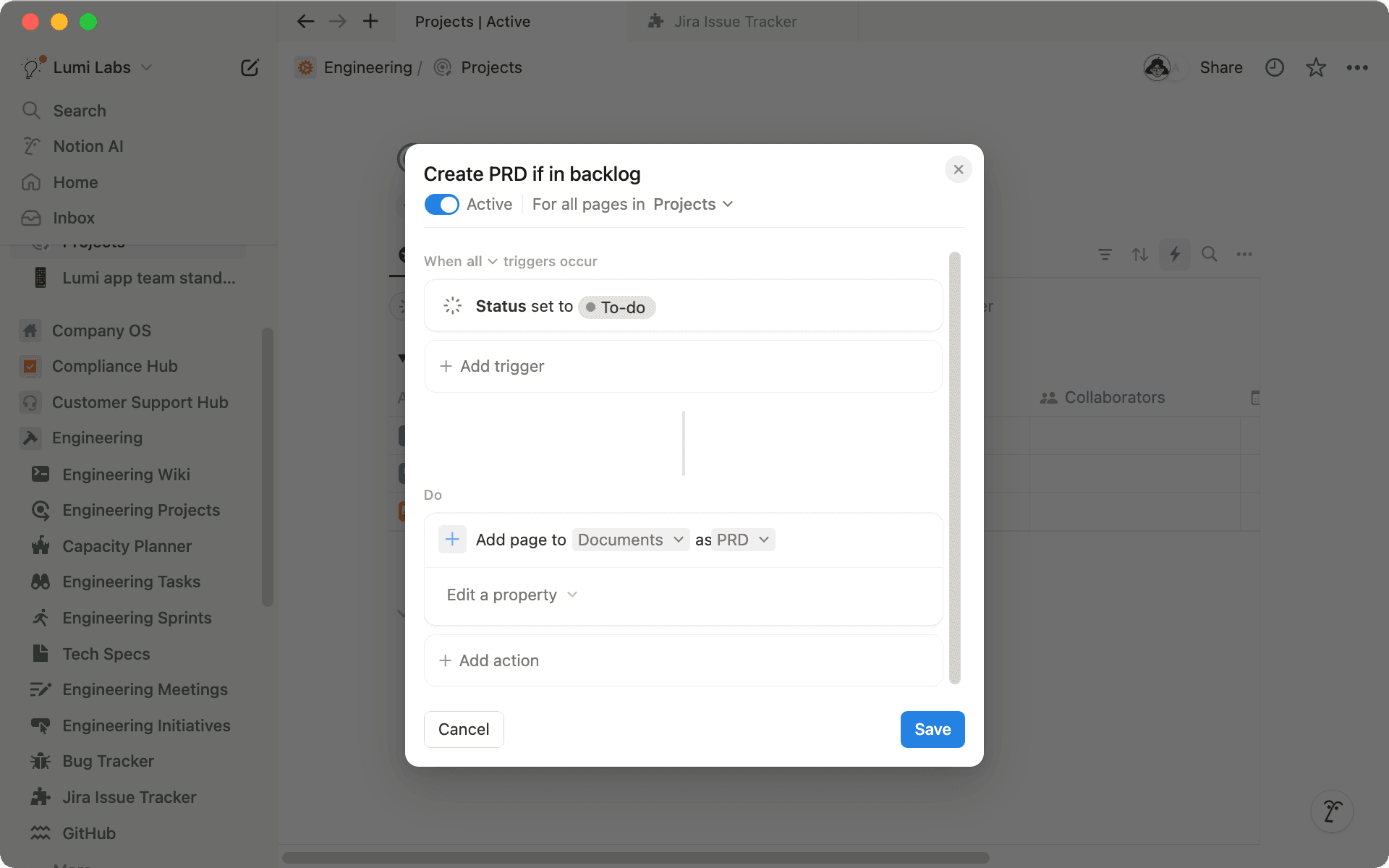 Add a new page with a PRD template automatically when someone creates a new epic in Jira