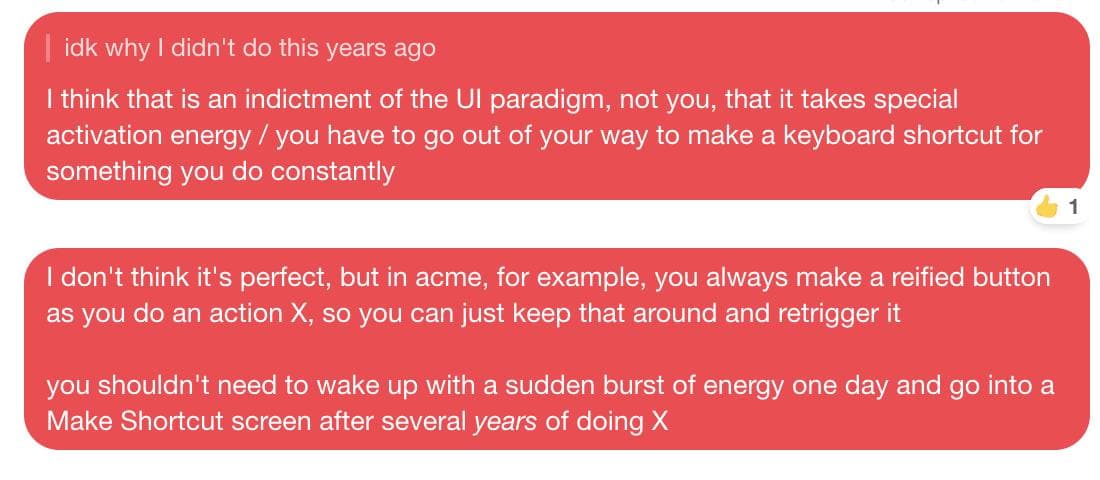 @rsnous: "'why didn't I make a keyboard shortcut for this years ago?' is an indictment of the UI paradigm, that you have to go out of your way to open up a Make Shortcut screen" Image from Twitter.